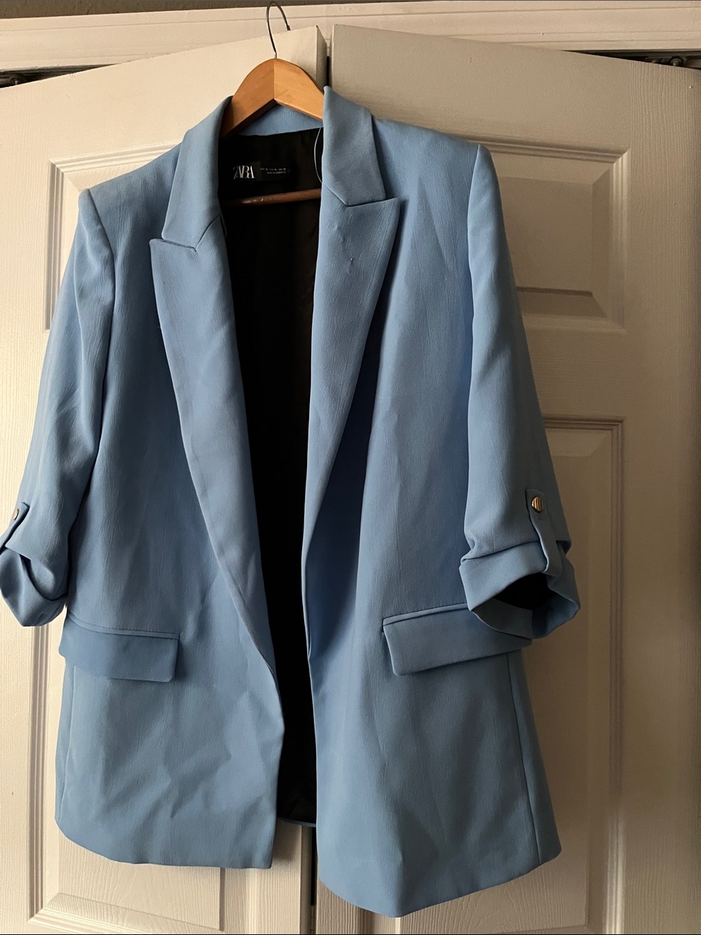 Zara Light Blue Women's Blazer Jacket - Rolled Tab Sleeves